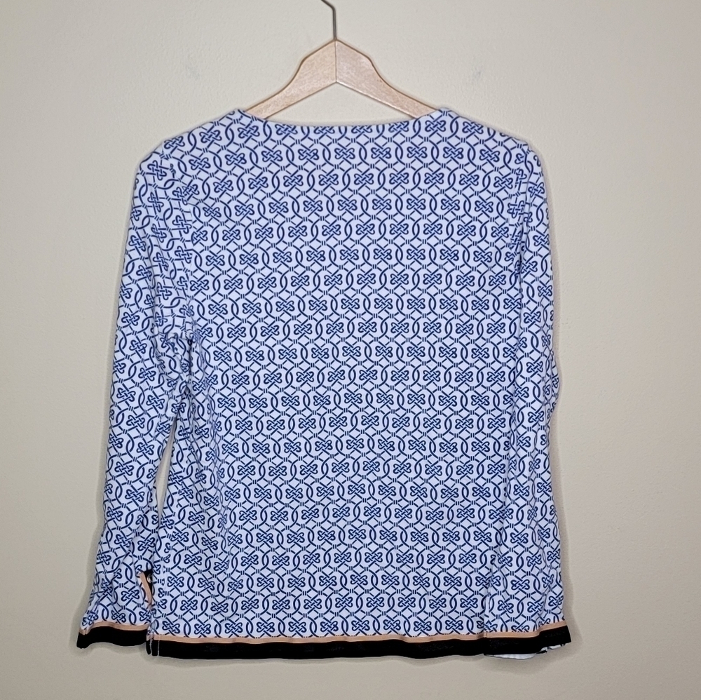 Talbots Factory Blue & White Links Print Top with Ribbon Trim Size Medium - Picture 2 of 5